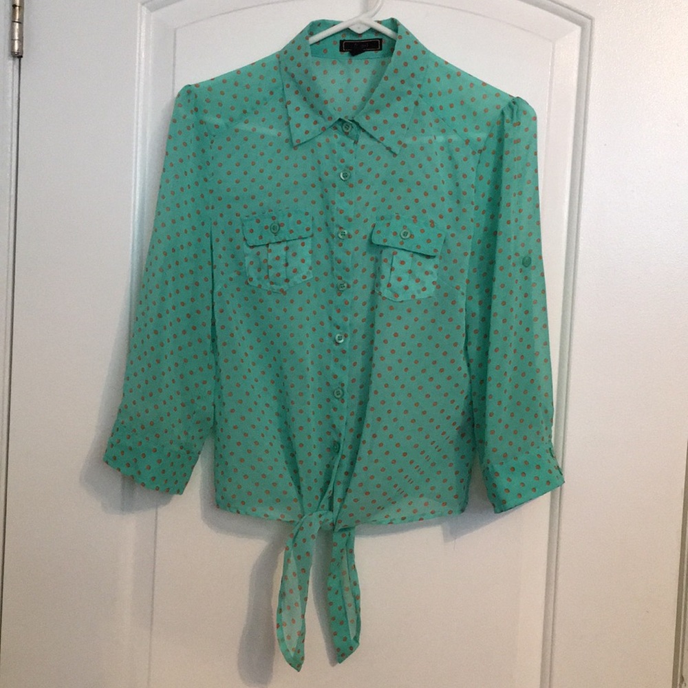 Green and orange polka dot (see through) shirt